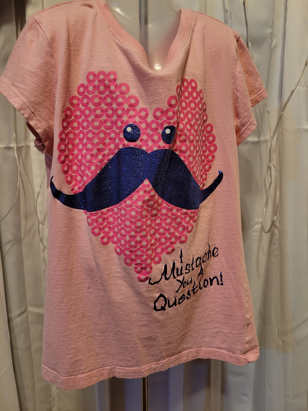 Place Pink Short Sleeve Tee with Blue Glitter Mustache Heart Graphic
